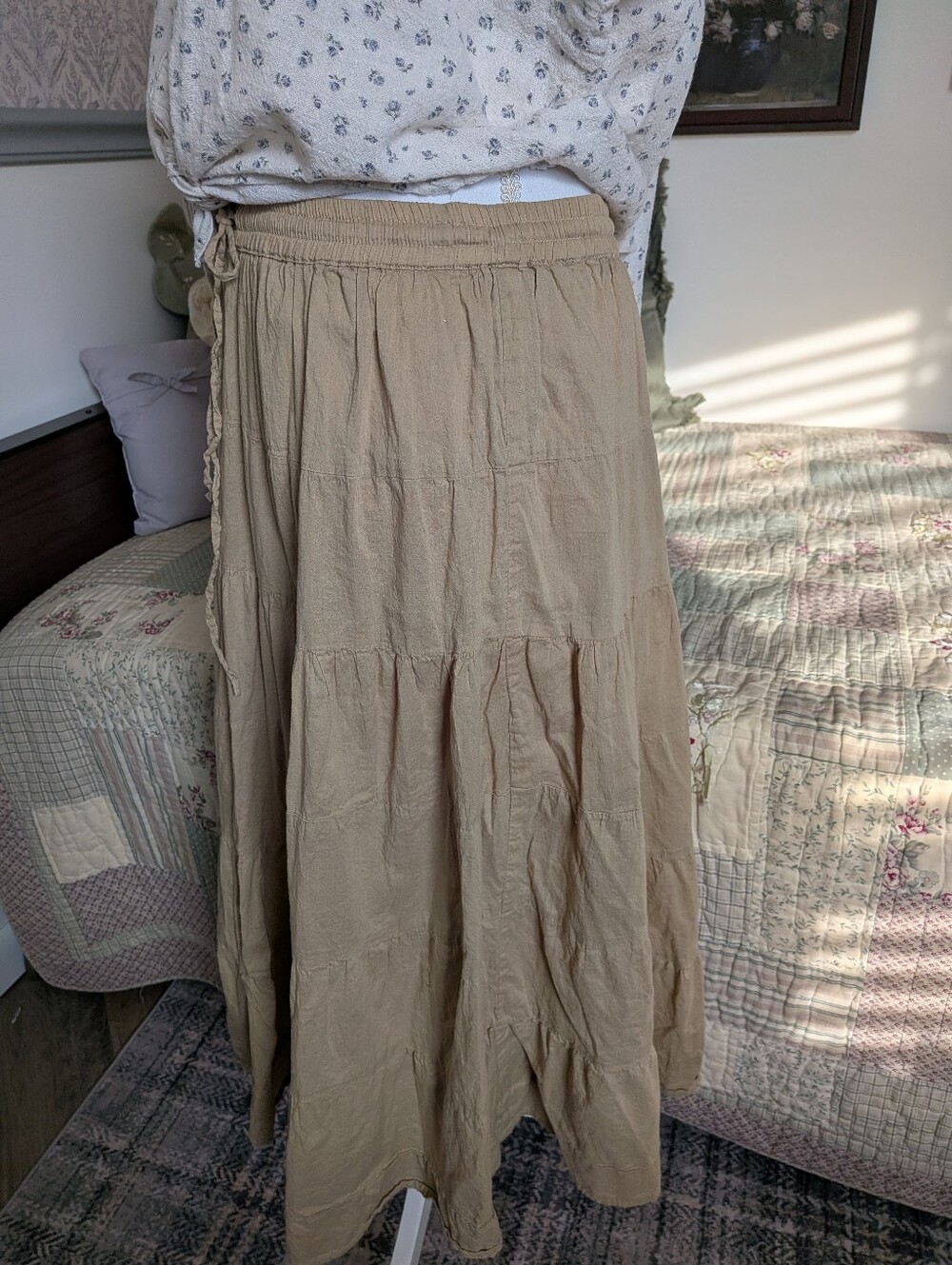Jane Ashley Tiered Midi Skirt Tan Cotton Boho Cottagecore M - Picture 3 of 8